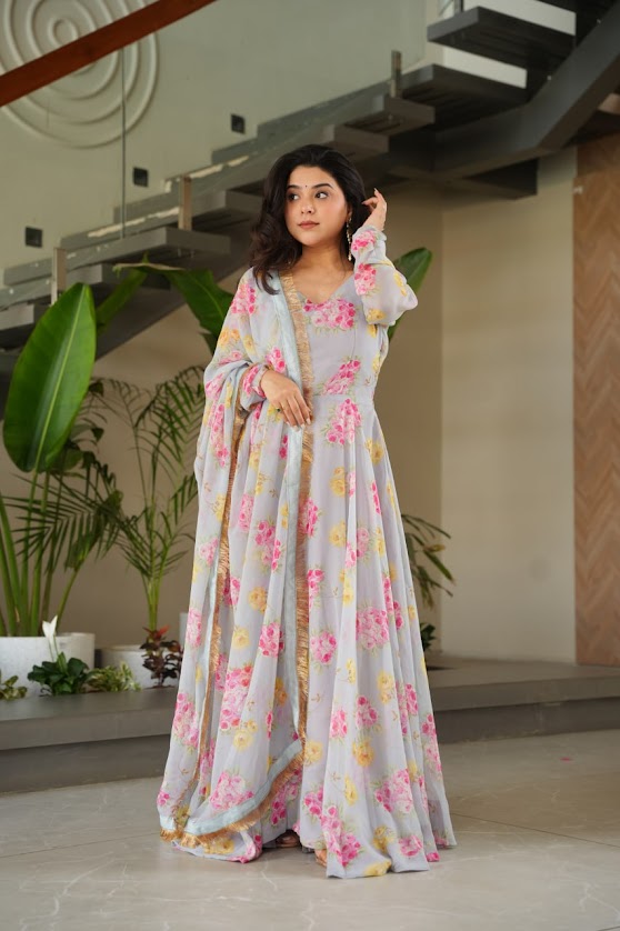 Pastel Lavender Floral Anarkali Gown with Dupatta Lightweight Georgette Ethnic Wear