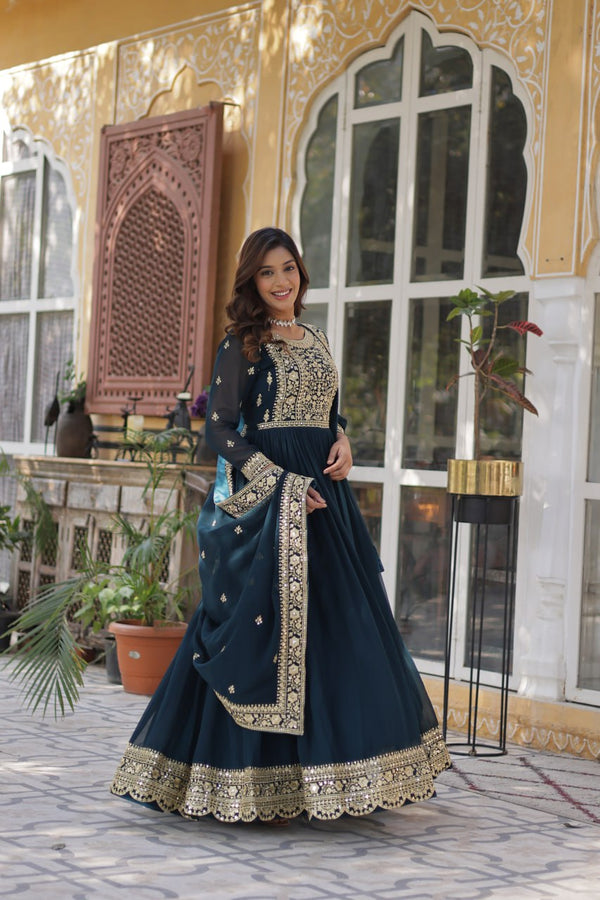 Indigo Blue Floral Printed Cotton Anarkali Set with Dupatta Elegant Ethnic Wear