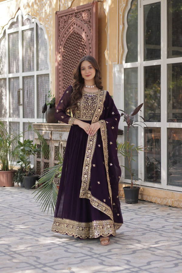 Royal Purple Embroidered Anarkali Set with Dupatta Wedding Wear