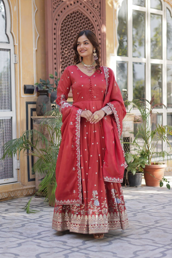 Regal Rust-Red Embroidered Anarkali Set with Dupatta Traditional Festive Ethnic Wear
