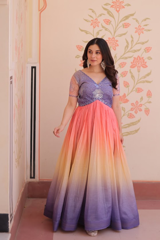 Purple to Peach Ombre Anarkali Gown with Sequin Bodice Elegant Designer Floor Length Dress
