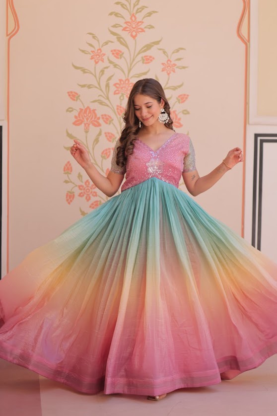 Peach Pink & Aqua Ombre Anarkali Gown with Sequin Embellished Bodice Elegant Ethnic Party Wear Dress