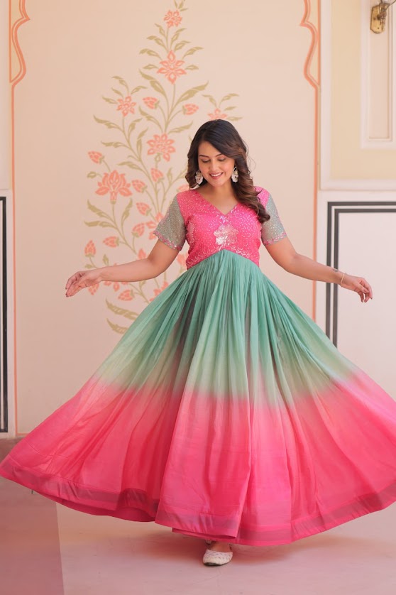 Pink & Mint Green Ombre Anarkali Gown with Sequin Work Stylish Floor Length Party Wear Dress