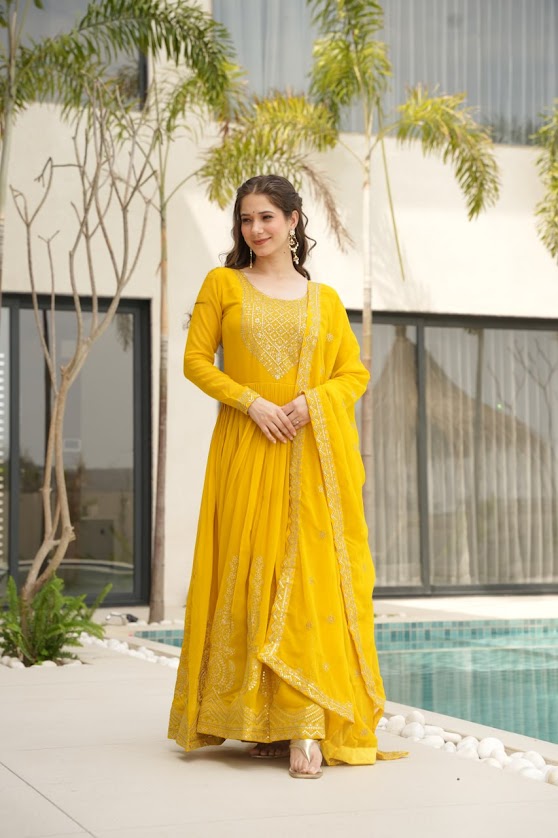 Sunshine Yellow Anarkali Suit with Mirror Work & Dupatta Festive Indian Ethnic Wear