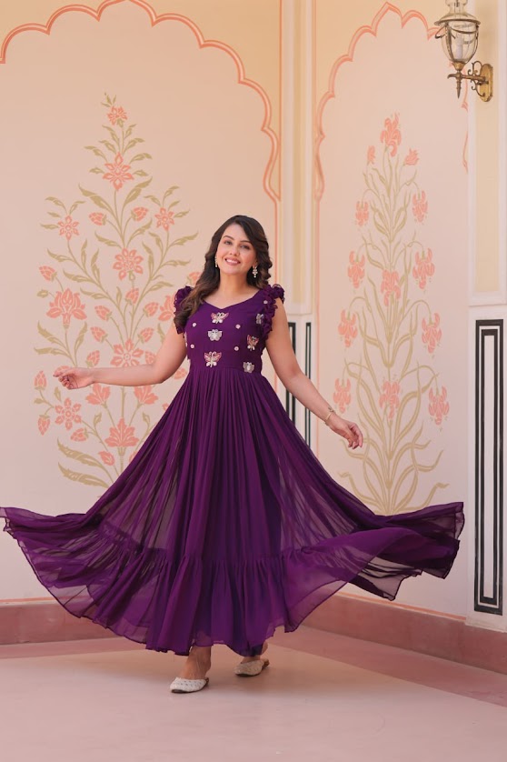 Royal Purple Butterfly Embroidered Gown with Ruffle Sleeves Elegant Partywear