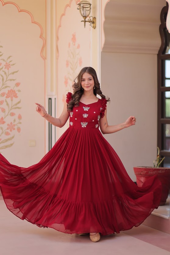 Wine Red Butterfly Embellished Gown with Floral Shoulder Detailing Designer Party Wear
