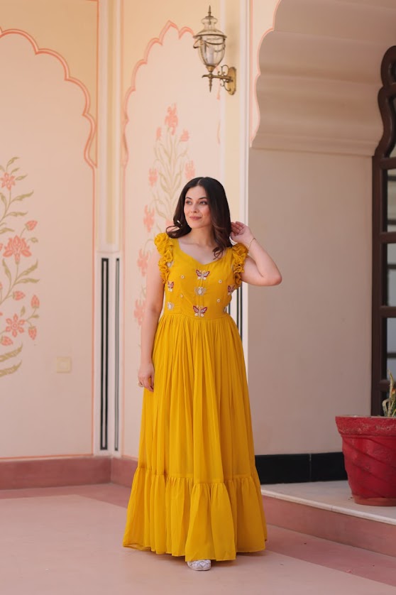 Sunshine Yellow Butterfly Embroidered Gown with Ruffled Sleeves Partywear Flair