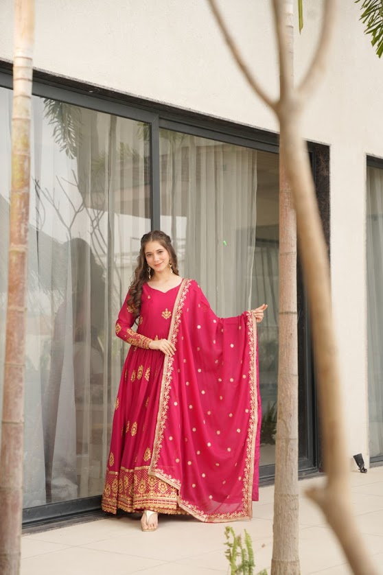 Elegant Rani Pink Anarkali Suit with Zari Embroidery & Dupatta Wedding Indian Ethnic