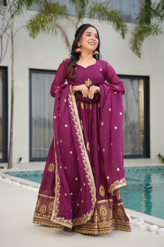 Royal Plum Purple Anarkali Suit with Golden Zari Embroidery & Dupatta Traditional Indian Ethnic Wear for Weddings