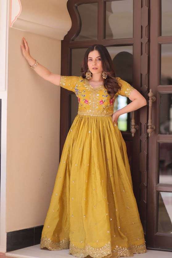 Mustard Yellow Embroidered Anarkali Gown with Mirror Work Wedding Wear Dress