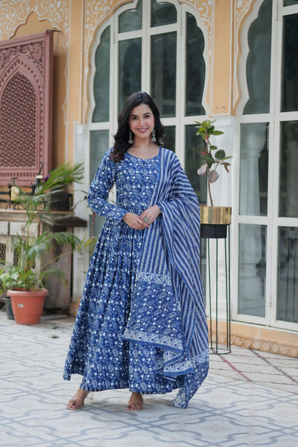 Elegant Blue Floral Printed Anarkali with Cotton Dupatta Casual Ethnic Wear