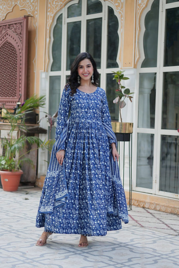 Elegant Blue Floral Anarkali Kurta Set with Handblock Print & Cotton Dupatta