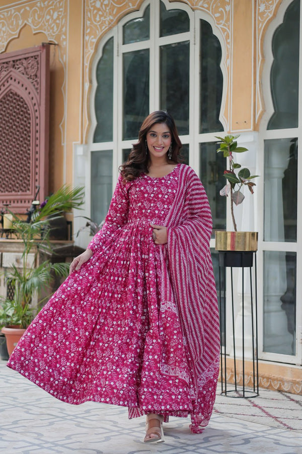 Indigo Blue Floral Cotton Anarkali Kurta Set with Dupatta Ethnic Wear