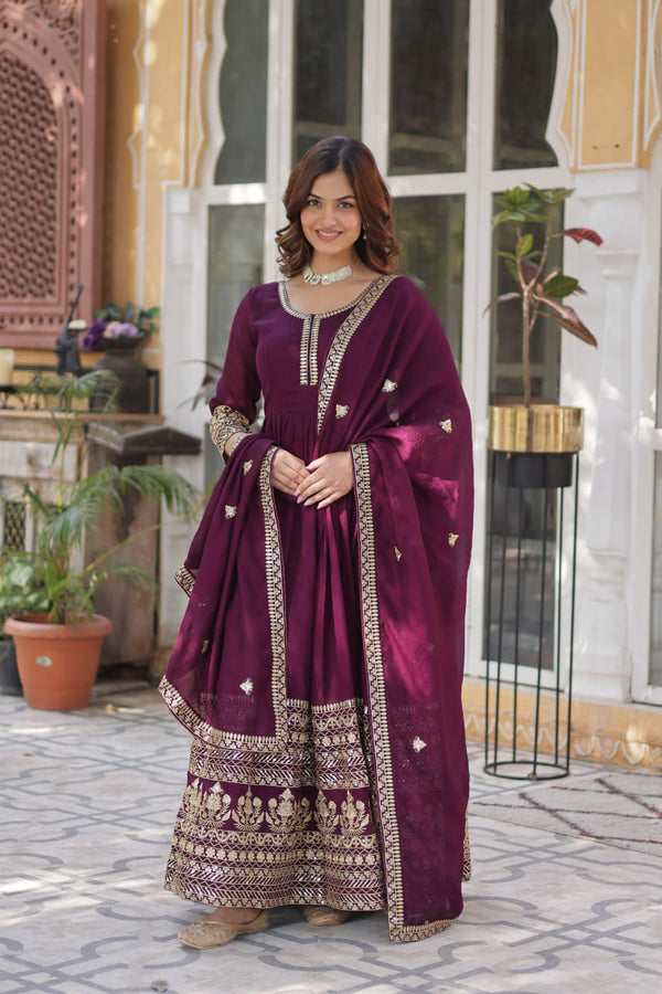 Royal Maroon Anarkali Gown with Heavy Golden Zari Embroidery