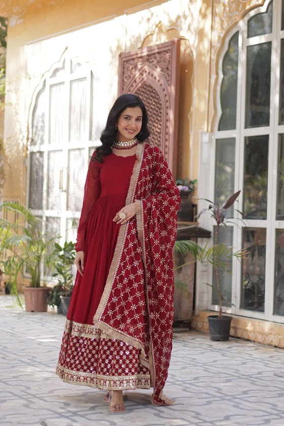 Elegant Maroon Embroidered Anarkali Set with Net Dupatta Festive Wear
