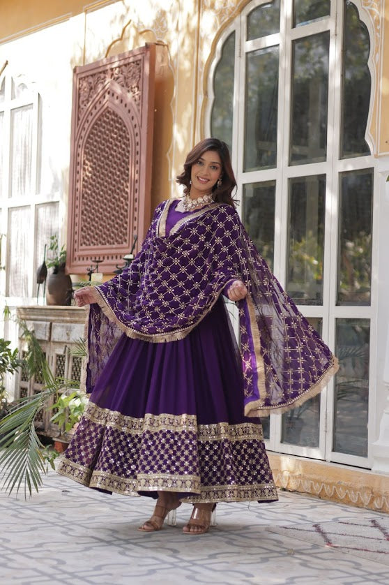 Royal Purple Anarkali Suit with Heavy Embroidered Dupatta Ethnic Wedding Wear