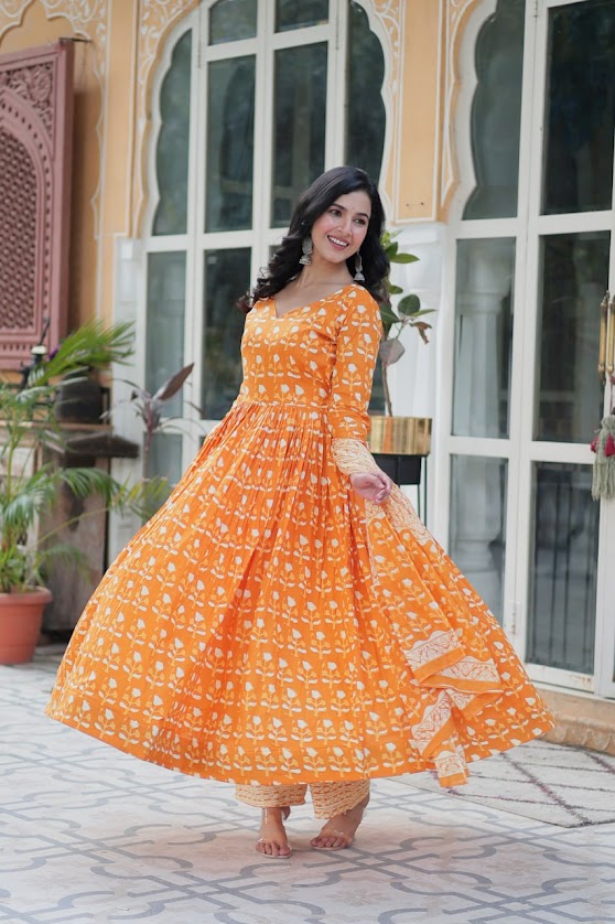 Sunset Orange Handblock Printed Anarkali Kurta Set with Pants Elegant Ethnic Cotton