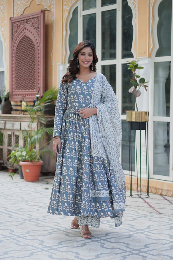 Slate Grey Handblock Printed Anarkali Kurta Set with Dupatta Ethnic Cotton Ensemble