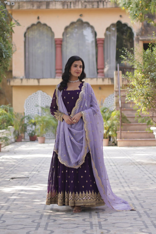 Royal Purple Anarkali Gown with Golden Embroidery & Lavender Dupatta