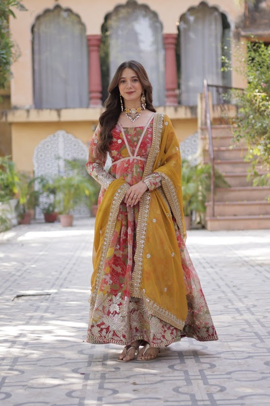 Floral Embroidered Red Anarkali Gown with Mustard Dupatta Wedding Wear Ensemble