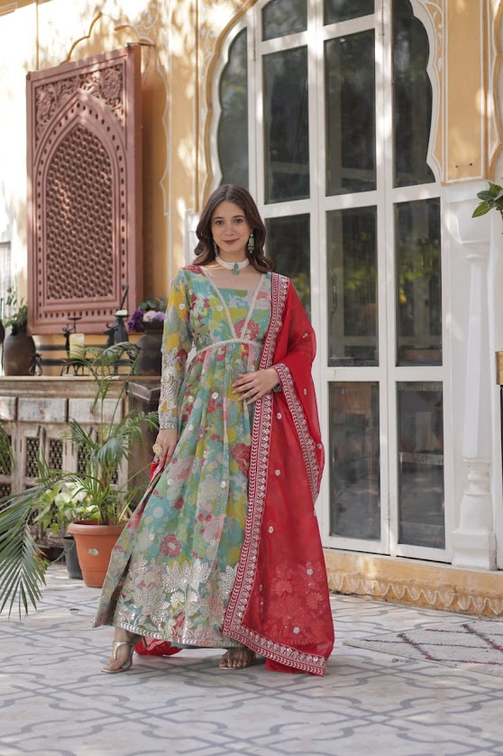 Pastel Floral Anarkali Suit with Vibrant Red Dupatta Elegant Party Wear Set