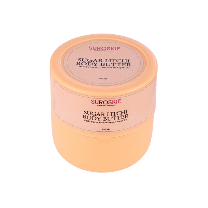 Suroskie Sugar Litchi Body Butter with Moroccan Argan Oil Extract - Hydration Upto 96 Hrs, Deep Nourishment, Suitable For All Skin Types (200ml)