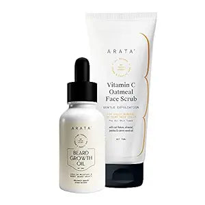 Arata Beard Champion Set With Vitamin C Oatmeal Face Scrub - (75 ML) & Beard Growth Oil - (30 ML) | Gentle Exfoliation | Lock-In Moisture & Boost Beard Growth