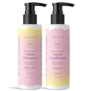 Arata Hair Fall Defense Onion Combo (Onion Shampoo - 200 ML & Onion Conditioner - 200 ML) Reduces Hair Fall | Makes Hair Silky & Smooth Instantly | With Onion Oil, Shea Butter, Rice Water and Amla