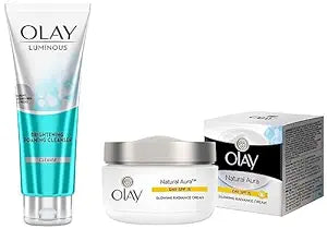 Olay Face Wash Luminous Brightening Foaming Cleanser 100 gms & Day Cream Natural Aura Glowing Radiance Cream Spf 15, 50 gms