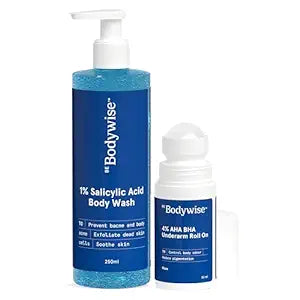 Be Bodywise 4% AHA BHA Underarm Roll-On (50ml) & 1% SA Body Wash (250ml) | Reduces Body Acne, Pigmentation, Body Odour & Uneven Skin Texture | Paraben & SLS Free
