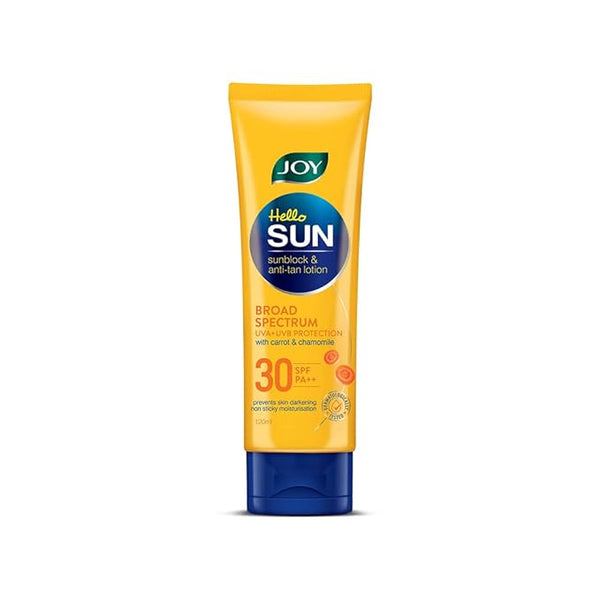 Joy Hello Sun Sunblock and Anti Tan Lotion with UVA + UVB protection, Sunscreen SPF 30 PA++ - 120 ml