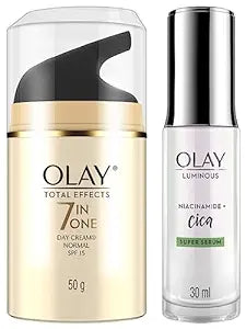 Olay Luminous Cica Super Serum 30 ml| with 99% pure Niacinamide,White, & Olay Total Effects Day Cream With Vitamin B5, Niacinamide, Green Tea, Spf 15 - 50 Gms