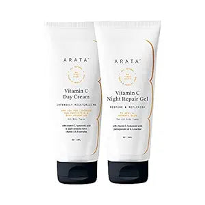 Arata 24x7 Vitamin C Protection Combo With Vitamin C Day Cream (50 ML) & Vitamin C Night Repair Gel (50 ML) | With SPF 15+ | Infused With Hyaluronic Acid, Apple, Pomegranate & Cucumber | vitamin C Day and night cream  - Combo