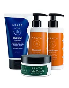 Arata Natural Hair Care Essentials For Women & Men With Cleansing Shampoo - (300 ML), Conditioner - (300 ML), Hair Gel - (150 ML) & Hair Cream - (100 ML) | All-Natural, Vegan & Cruelty-Free | Plant-Based, Non-Toxic Hair Cleansing & Styling
