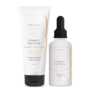 Arata Vitamin C Luminous Skin Combo With Day Cream - (50 ML) & Face Serum - (30 ML) | Anti-Aging With SPF 15+ | Infused With Hyaluronic Acid & Apple Extracts | Sun Protection & Deep Hydration