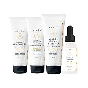 Arata Vitamin C Overnight Face Care Regime With Vitamin C Oatmeal Scrub - (75 ML), Face Serum - (30 ML), Day Cream - (50 ML) & Night Repair Gel - (50 ML) | Glowing Skin With SPF 15+ - Combo