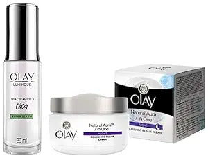 Olay Luminous Cica Super Serum - 30 ml| with 99% pure Niacinamide,White & Olay Night Cream Natural Aura Nourishing Repair Cream - 50 gms