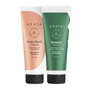 Arata Natural Shower Hydration Combo For Women & Men With Hydrating Shampoo(75 ML) & Body Wash(75 ML) & || All-Natural, Vegan & Cruelty-Free || Plant-Based, Non-Toxic Bath