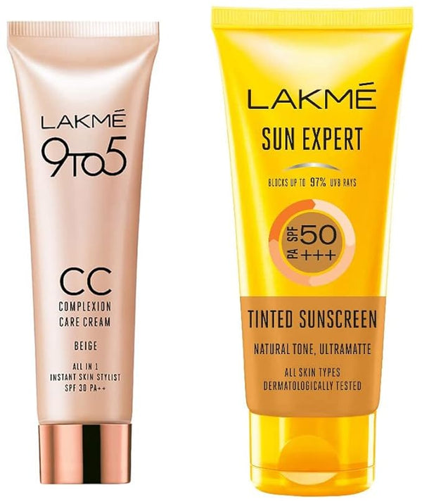 Lakme 50 SPF Sun Expert Tinted Sunscreen Cream 50 gms & Lakme 9 to 5 CC Cream Mini, 01 - Beige, SPF 30 , 9 gms