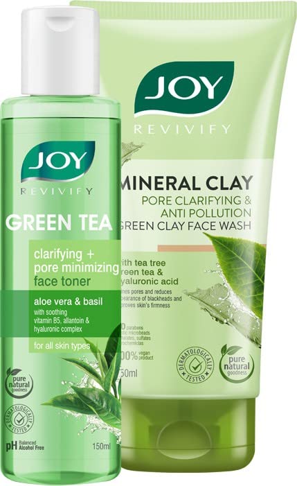 Joy Revivify Green Tea Face Toner 150ml & Mineral Clay Anti-Pollution Green Clay Face Wash 150ml (Combo Pack)