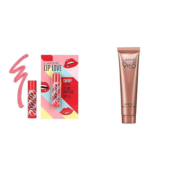 LAKMÉ Lip Love Chapstick Cherry, Lip Balm With Spf 15, 4.5gms& 9 To 5 Weightless Mousse Foundation, Beige Vanilla, 6gms