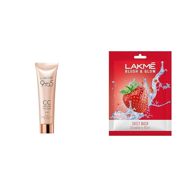 Lakme 9 to 5 CC Cream Mini, 01 - Beige SPF 30, 9 gms & Strawberry Sheet mask ,25 ml