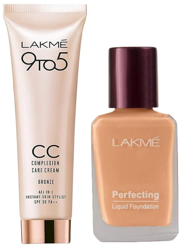 Lakme 9 To 5 Complexion Care Face CC Cream, Bronze, SPF 30, 30 gms & Lakme Perfecting Liquid Foundation, Shell, 27ml
