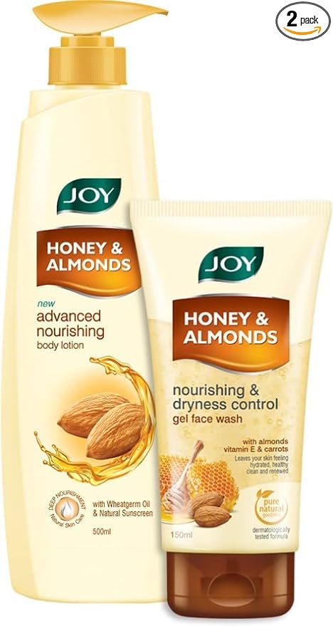 Joy Honey & Almonds Advanced Nourishing Body Lotion 500ml & Dryness Control Gel Face Wash 150ml (Combo Pack)