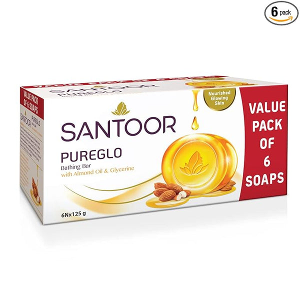 Santoor PureGlo Glycerine Bath Soap with Almond Oil - 125 gms (Pack of 6)