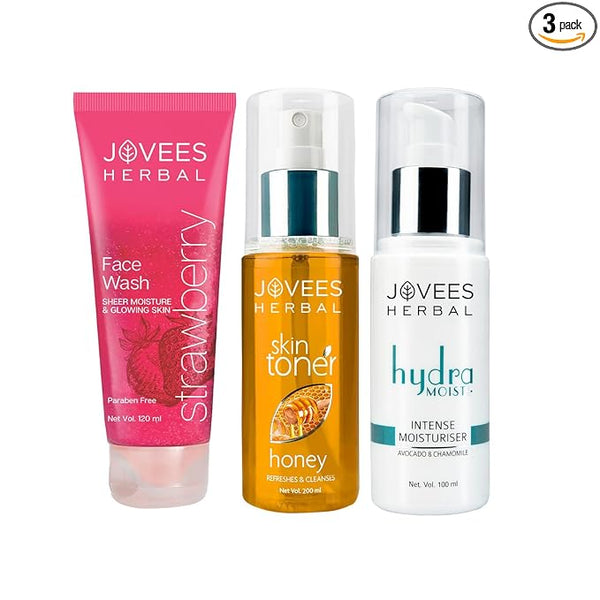Jovees Herbal Strawberry Face Wash & Honey Skin Toner and Hydra Intense Moisturiser For Dry Skin Routine (Set of 3) Combo