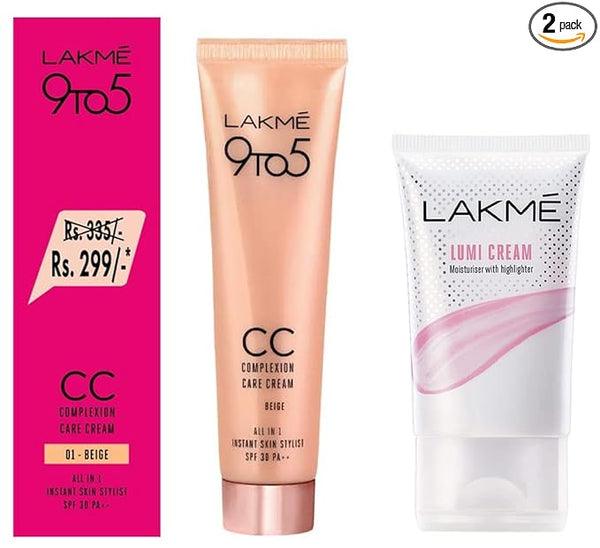 LAKMÉ Lumi Cream, Moisturizer with Highlighter 30gms & 9 To 5 Complexion Care Face CC Cream, Beige, SPF 30 - 30gms