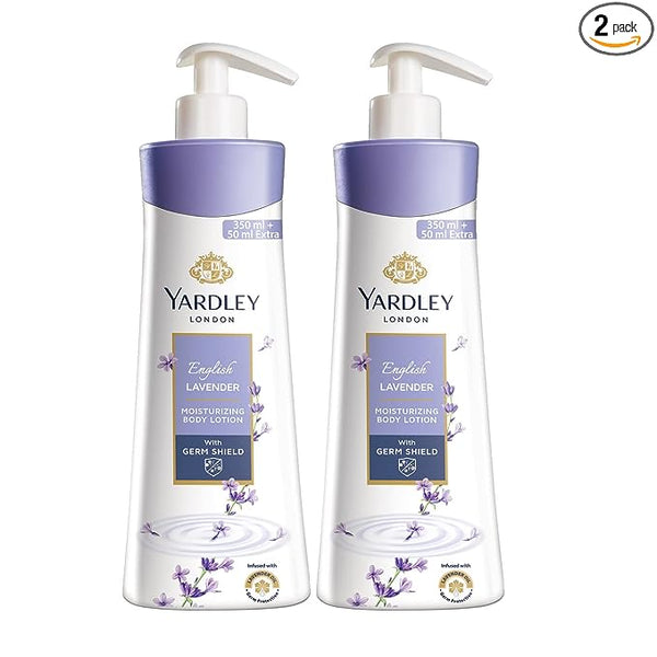 Yardley London English Lavender Moisturizing Body Lotion, Germ shield, 400ml [350ml +50ml free] (Pack of 2)