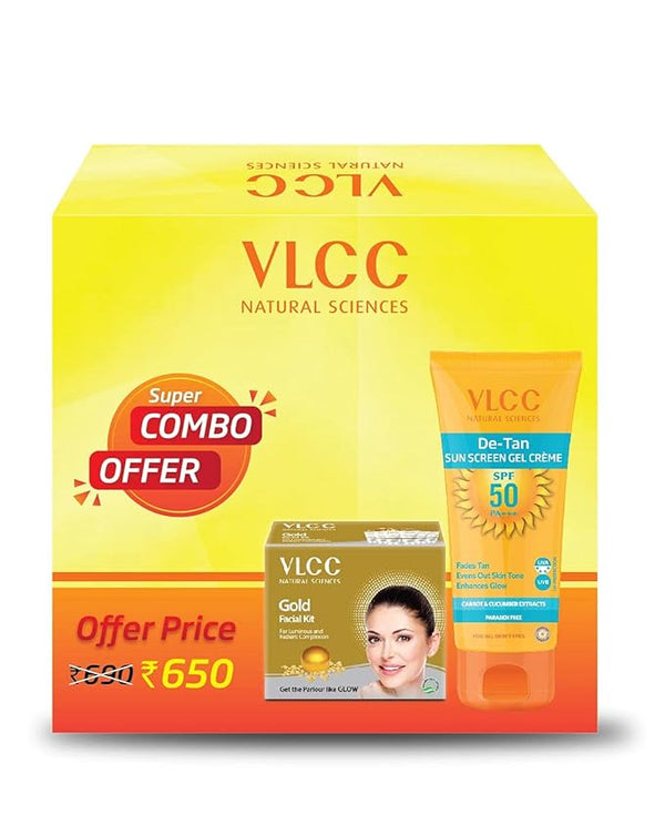 VLCC Gold Facial Kit (60gm) & De Tan SPF 50 PA+++ Sun Screen Gel (100gm)