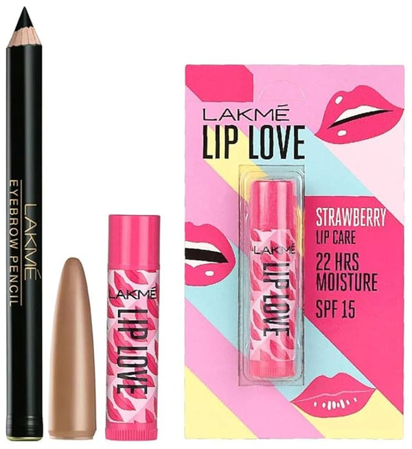 Lakme Lip Love Chapstick, Strawberry, 4.5gms & Lakme Eyebrow Pencil, Black, 1.2 gms